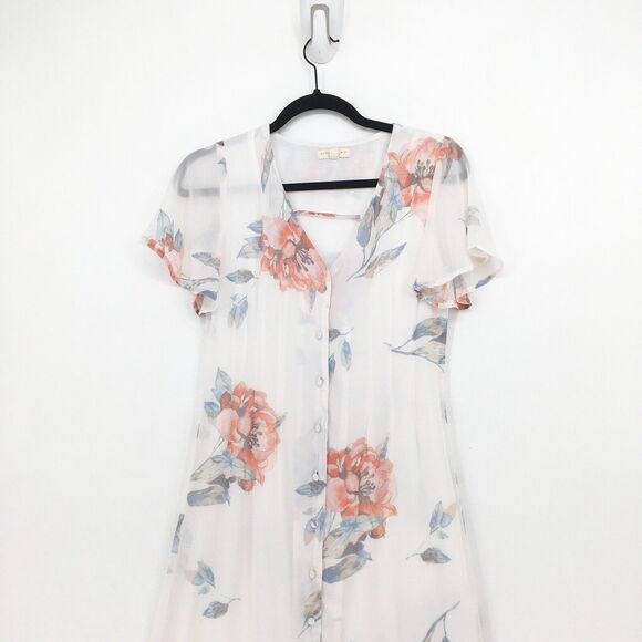 Current Air Asos Women XS Dress White Maxi Chiffon Flutter Sleeve Floral Slit - Picture 4 of 8